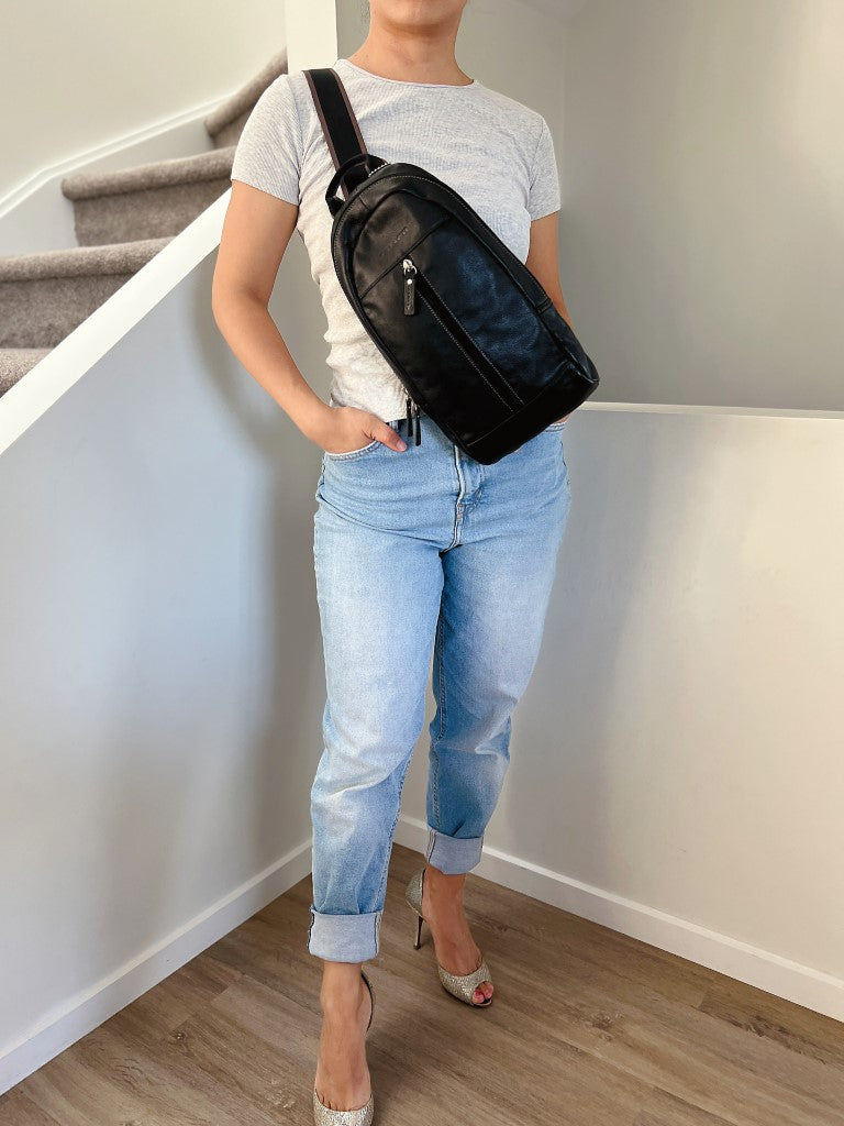 Coach Black Leather Front Zip Pocket Unisex Backpack