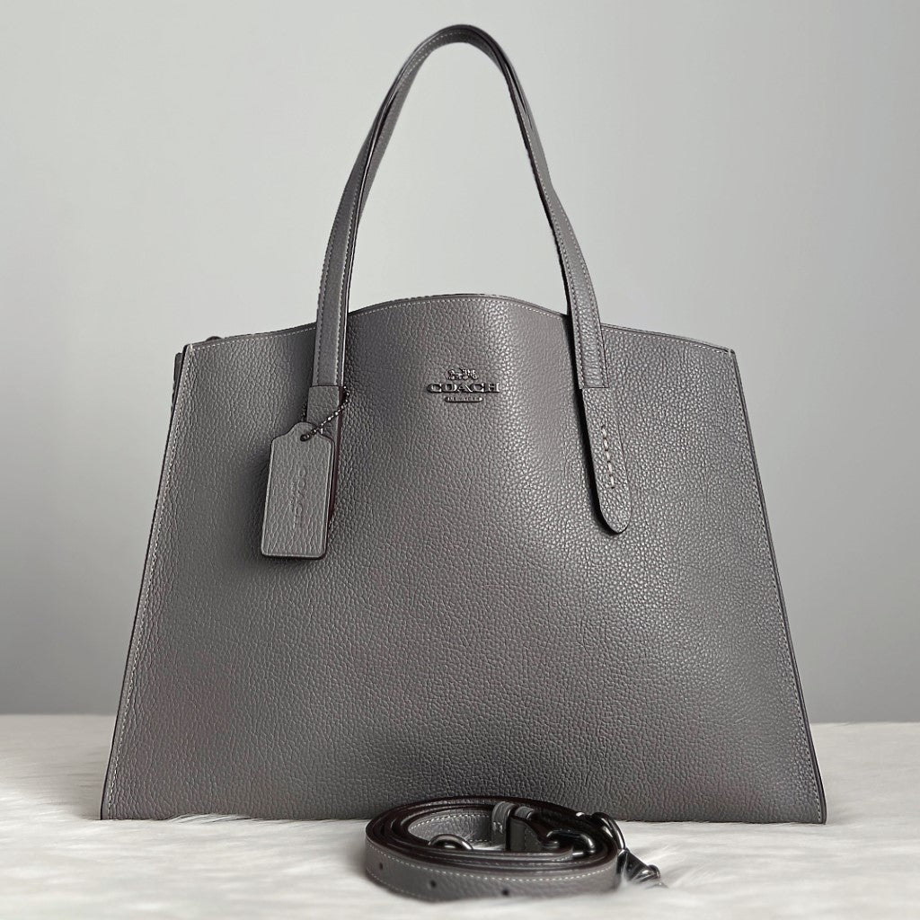 Coach Grey Leather Triple Compartment Large 2 Way Shoulder Bag Like New