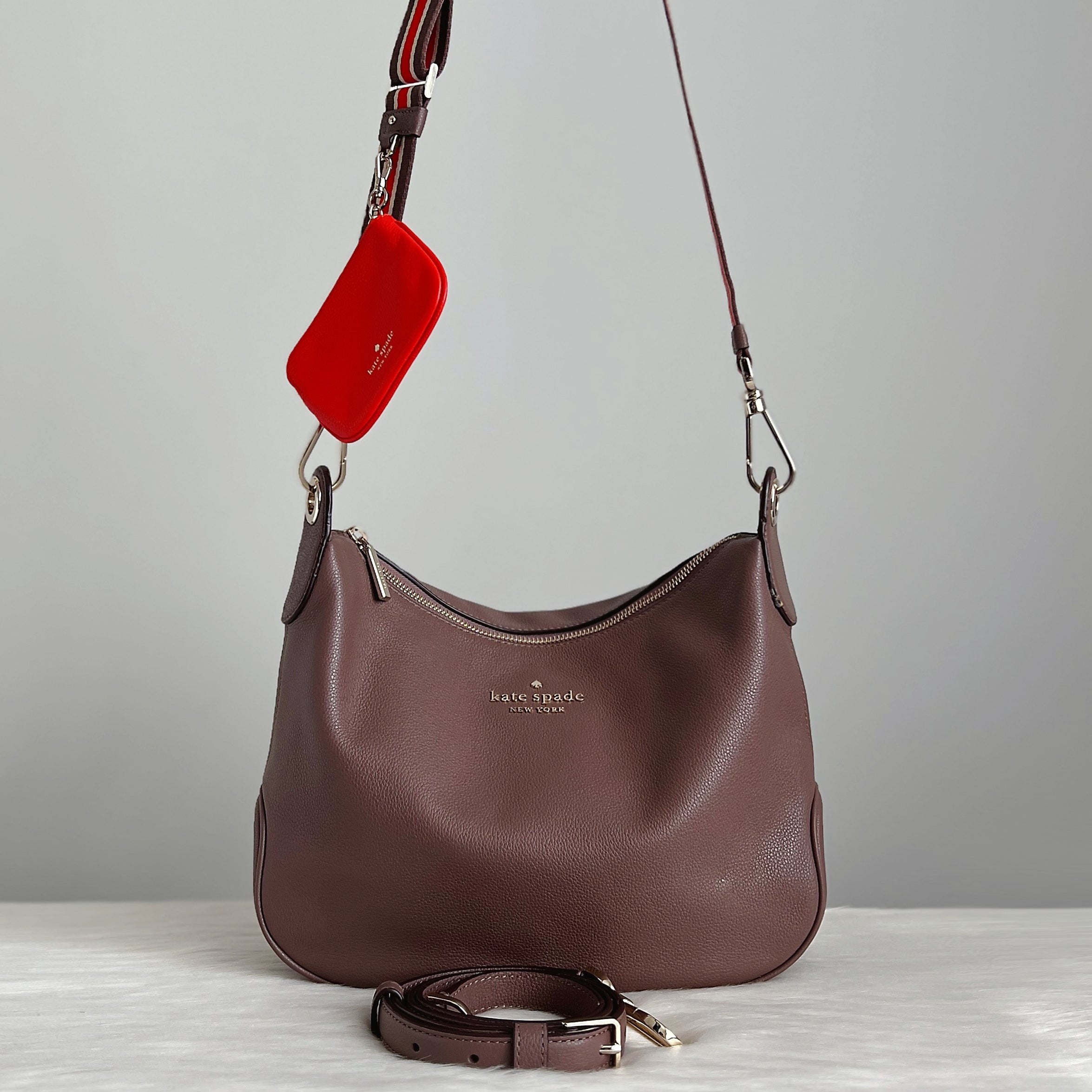 Kate Spade Mocha Leather Double Strap Crossbody Shoulder Bag + Pouch Like New