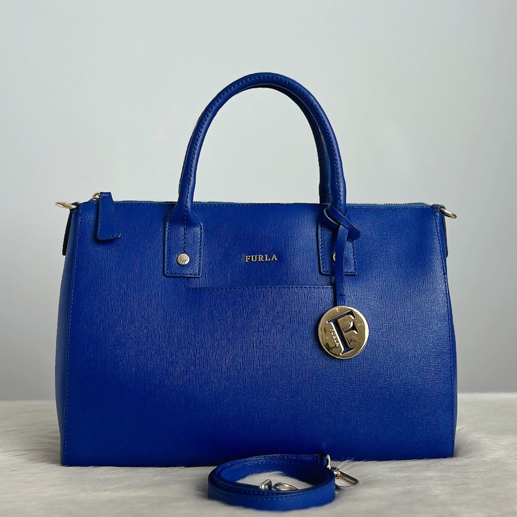 Furla Blue Leather F Charm Boston 2 Way Shoulder Bag Like New