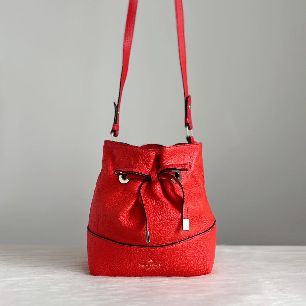Kate Spade Orange Red Leather Drawstring Bucket Shoulder Bag Excellent