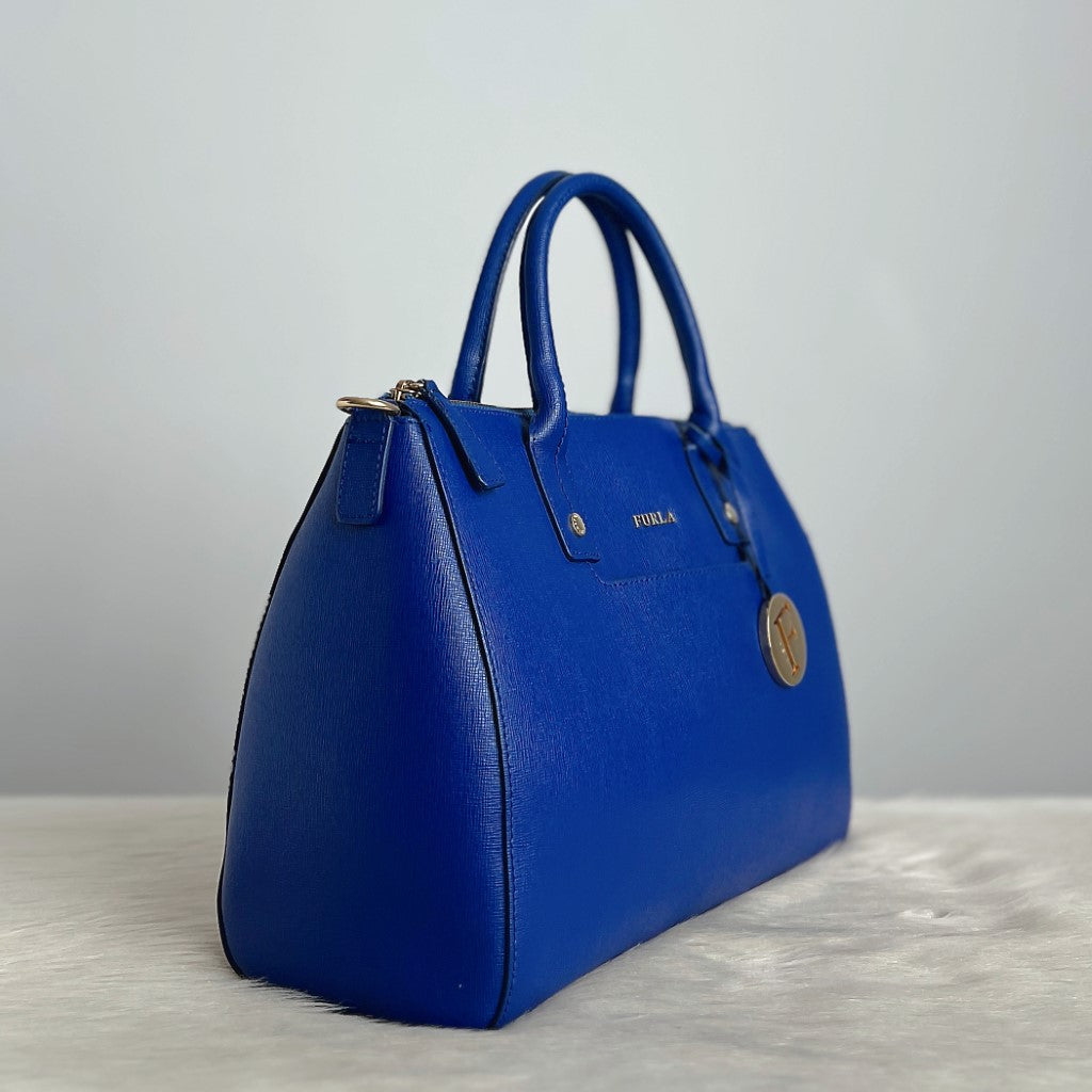 Furla Blue Leather F Charm Boston 2 Way Shoulder Bag Like New
