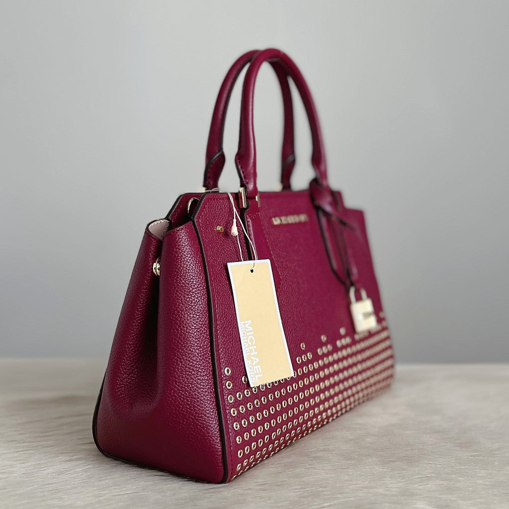 Michael Kors Burgundy Leather Studded Detail 2 Way Shoulder Bag New with Tags