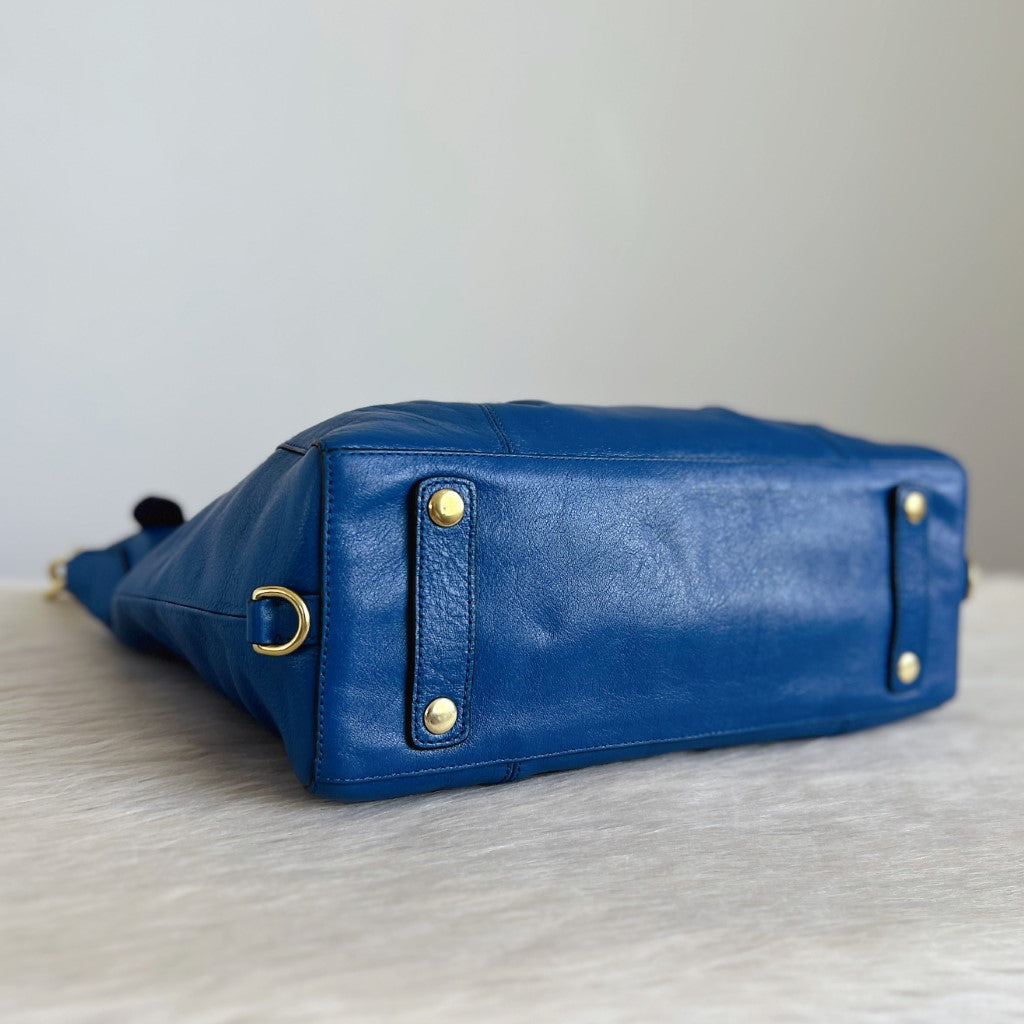 Coach Blue Leather Front Logo Boston 2 Way Shoulder Bag Excellent