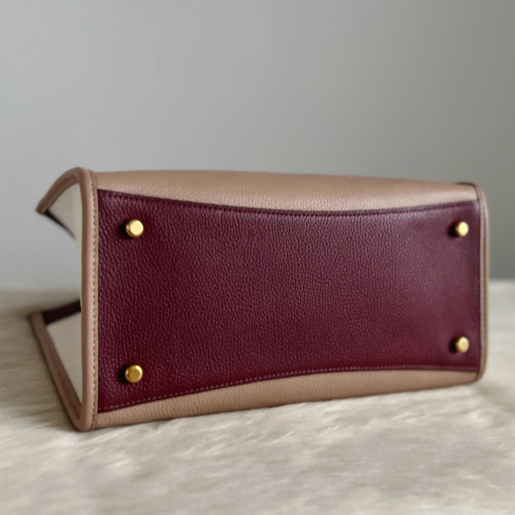 Coach Tri-Tone Leather Suede Patchwork Book Tote 2 Way Shoulder Bag Excellent