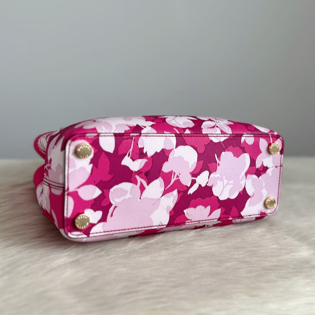 Michael Kors Fuchsia Leather Floral Triple Compartment 2 Way Shoulder Bag Like New