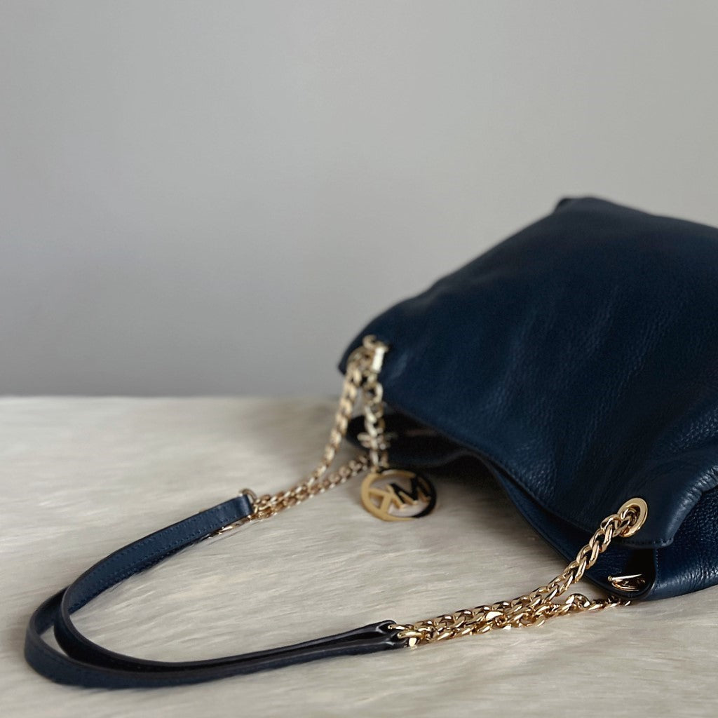 Michael Kors Navy Leather MK Charm Triple Compartment Shoulder Bag Excellent