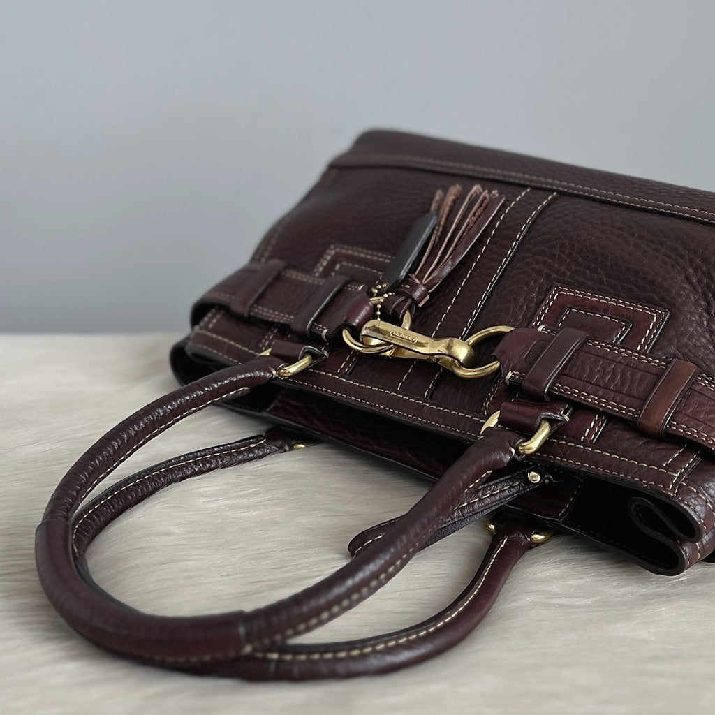 Coach Chocolate Leather Front Buckle Tassel Charm Shoulder Bag Excellent