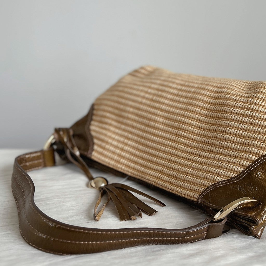 Furla Patent Leather Straw Slouchy Tassel Detail Shoulder Bag Excellent