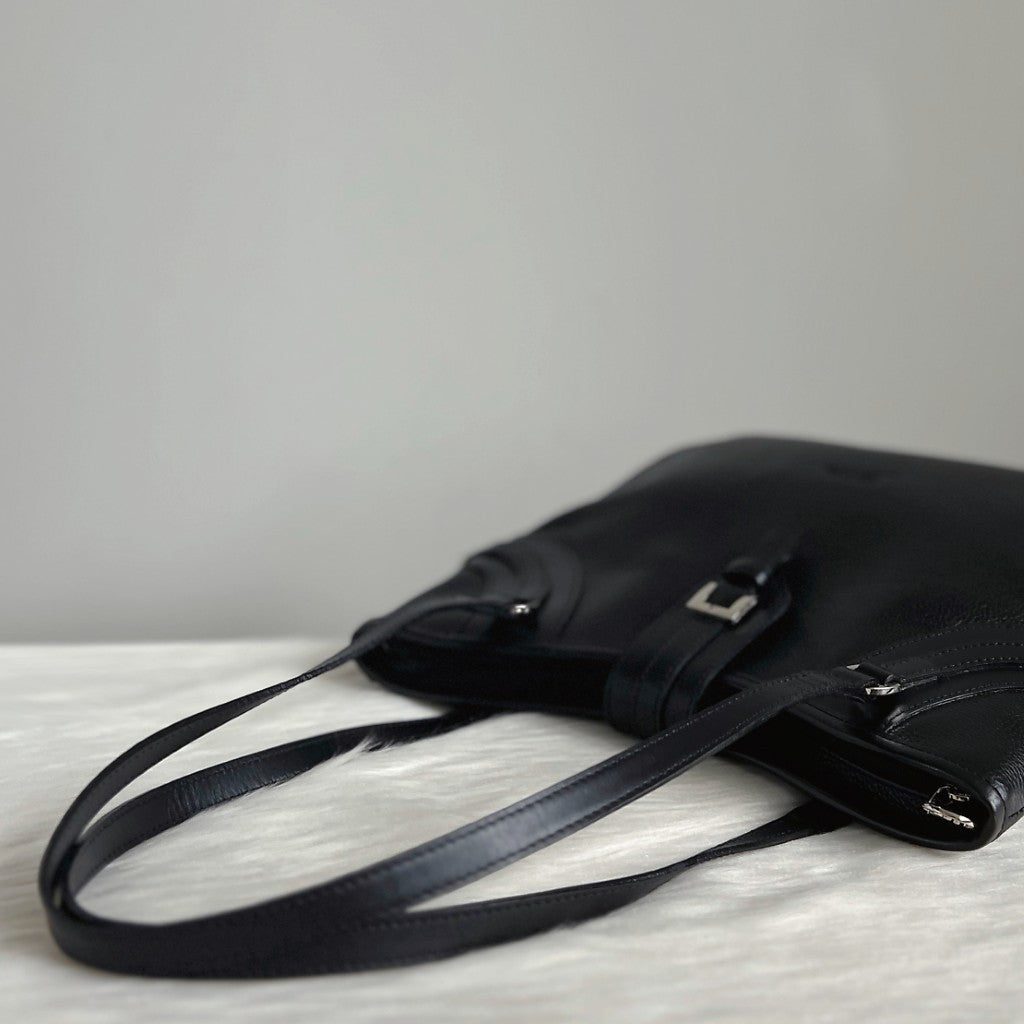 Longchamp Black Leather Buckle Detail Carryall Shoulder Bag Excellent