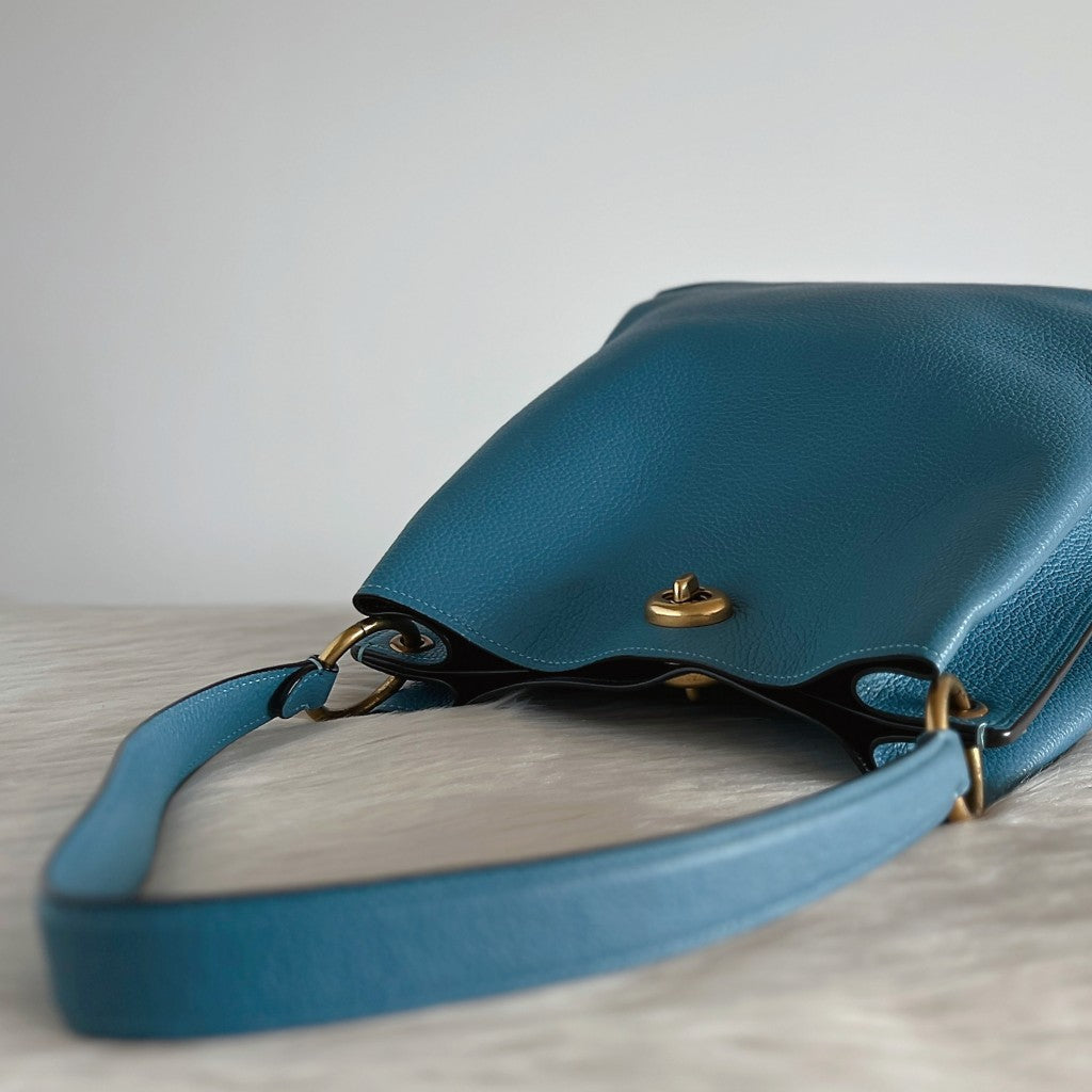 Coach Teal Leather Double Compartment Bucket 2 Way Shoulder Bag Like New