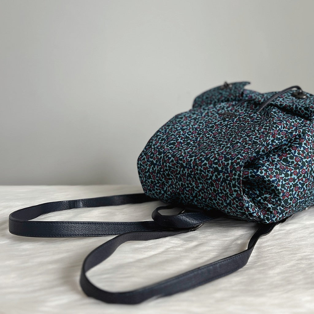 Coach Navy Leather Floral Print Drawstring Backpack Excellent