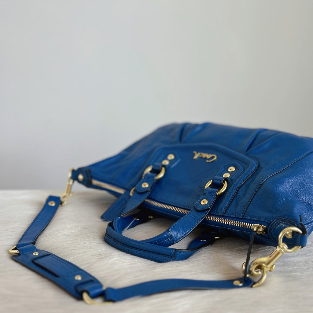 Coach Blue Leather Front Logo Boston 2 Way Shoulder Bag Excellent