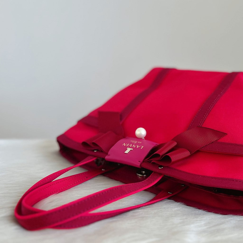 Lanvin Fuchsia Canvas Bow Detail Shoulder Bag + Pouch Like New