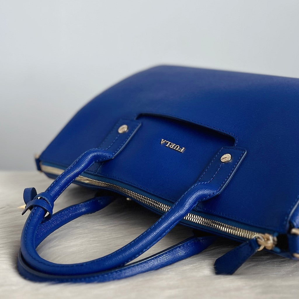 Furla Blue Leather F Charm Boston 2 Way Shoulder Bag Like New