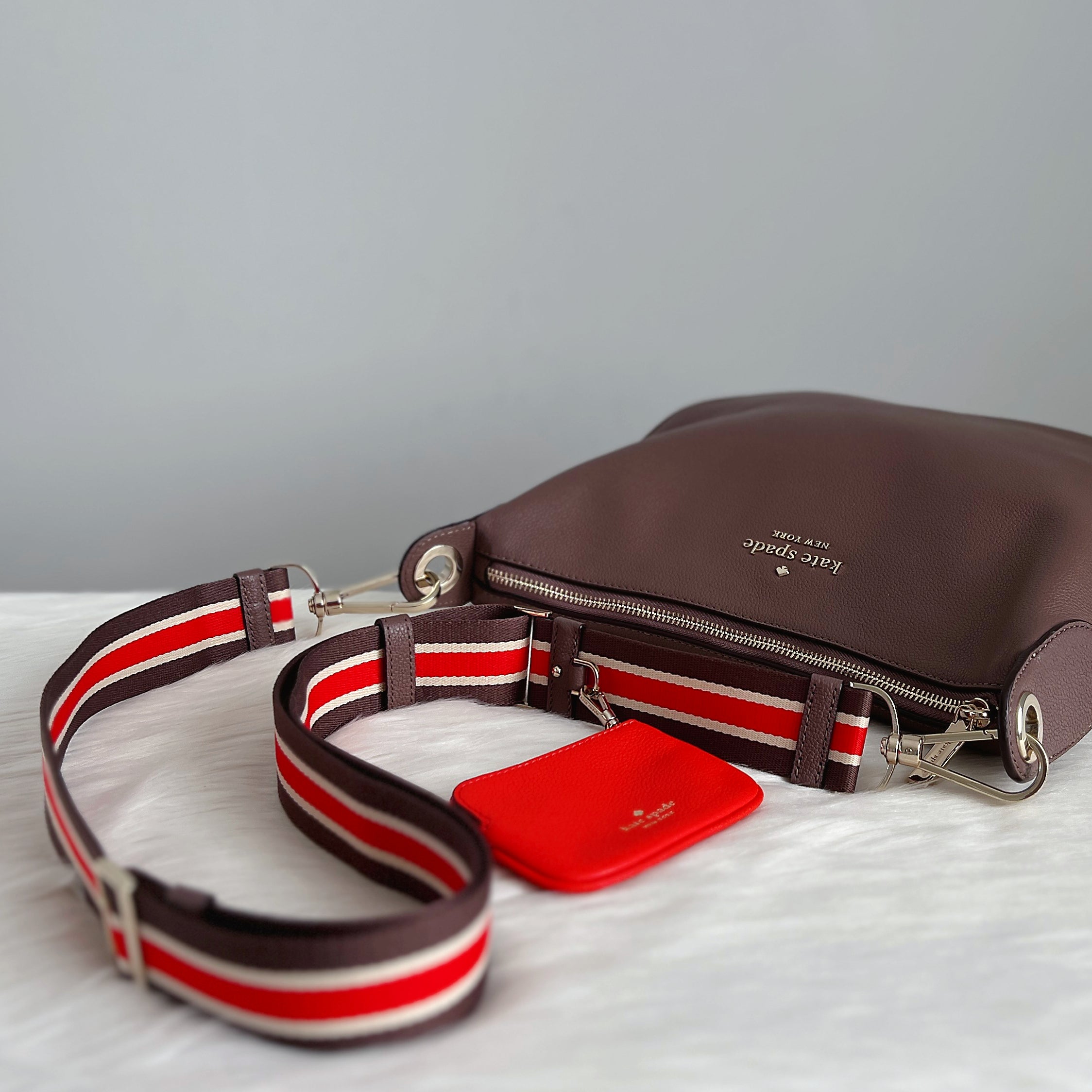 Kate Spade Mocha Leather Double Strap Crossbody Shoulder Bag + Pouch Like New