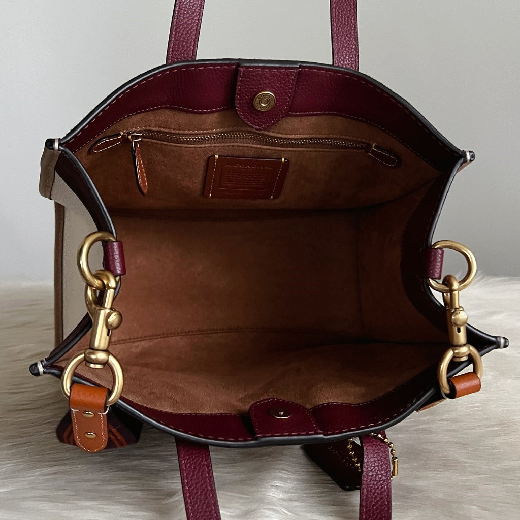 Coach Tri-Tone Leather Suede Patchwork Book Tote 2 Way Shoulder Bag Excellent