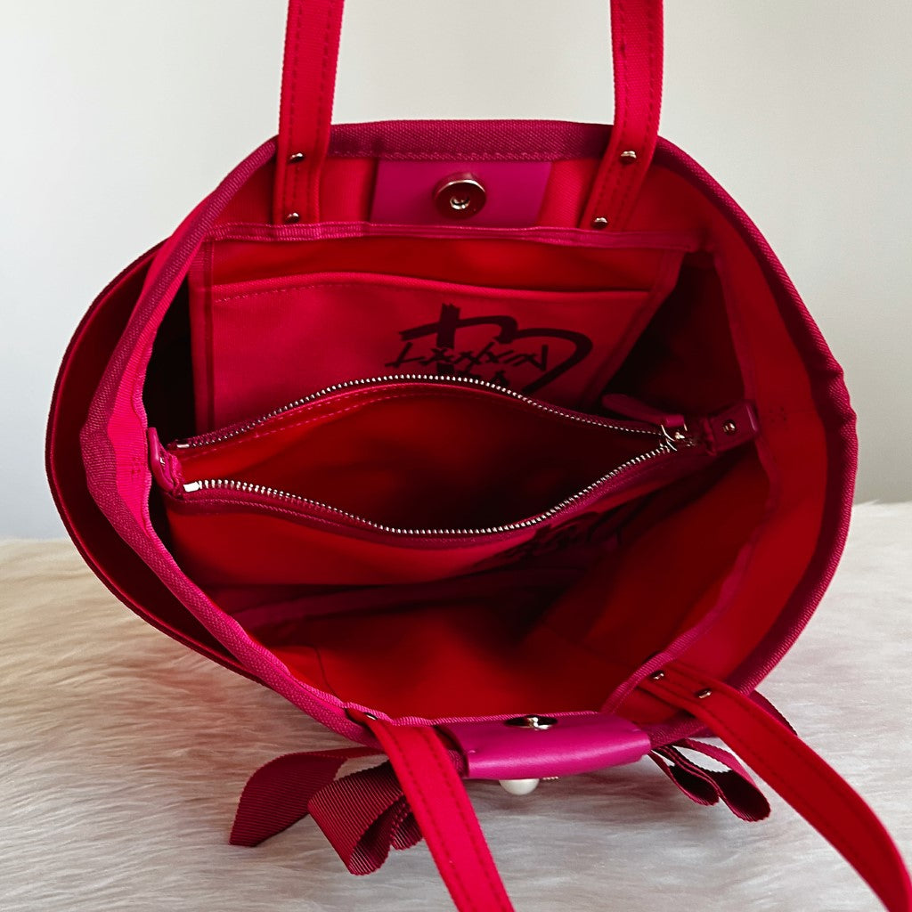 Lanvin Fuchsia Canvas Bow Detail Shoulder Bag + Pouch Like New