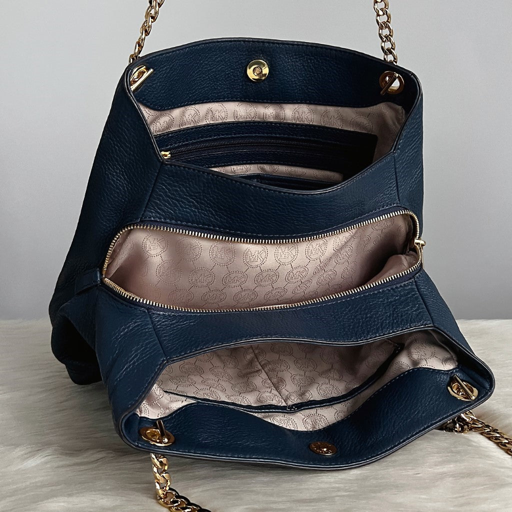 Michael Kors Navy Leather MK Charm Triple Compartment Shoulder Bag Excellent