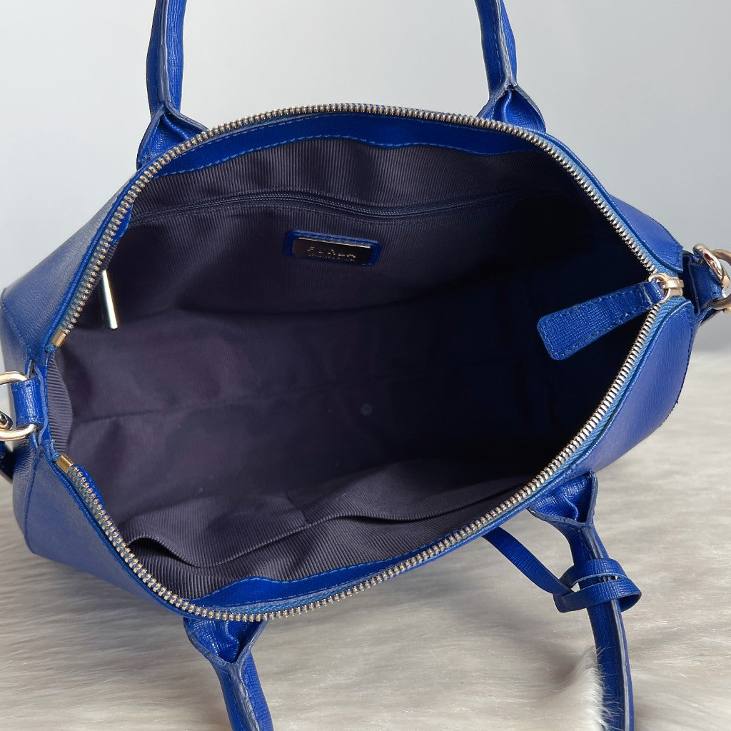 Furla Blue Leather F Charm Boston 2 Way Shoulder Bag Like New