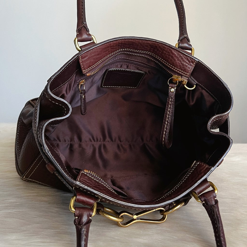 Coach Chocolate Leather Front Buckle Tassel Charm Shoulder Bag Excellent
