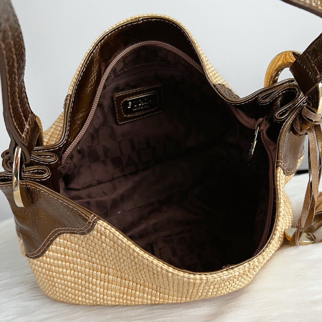 Furla Patent Leather Straw Slouchy Tassel Detail Shoulder Bag Excellent
