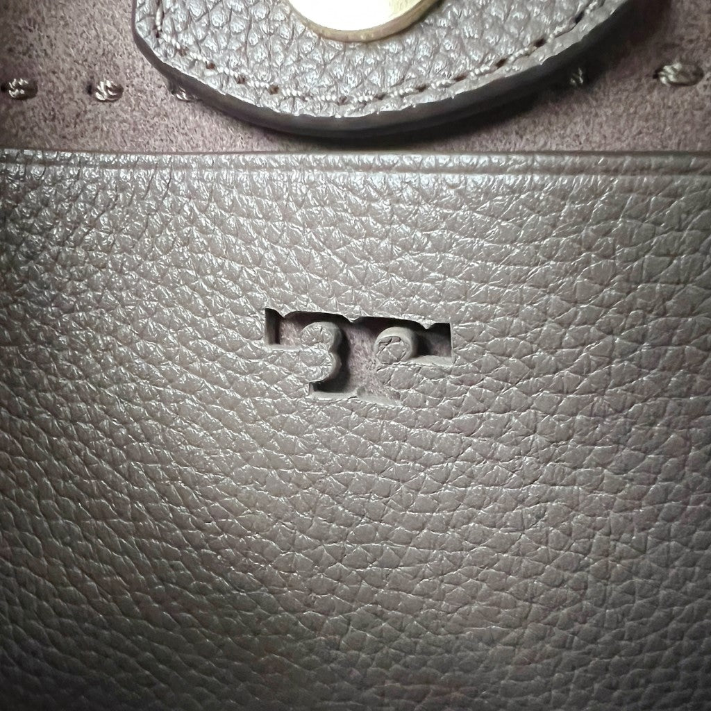 Tory Burch Taupe Leather Front Logo Bucket 2 Way Shoulder Bag Excellent