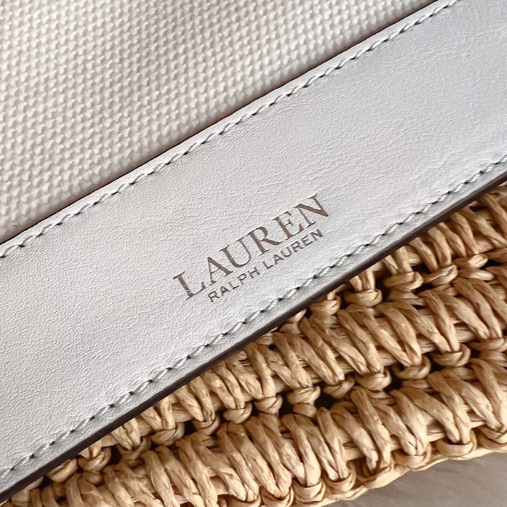 Ralph Lauren White Leather Straw Holiday Large Shoulder Bag + Pouch Like New