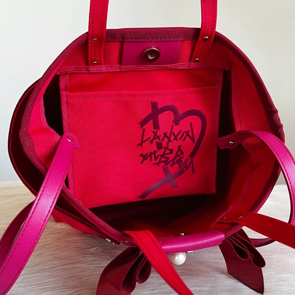 Lanvin Fuchsia Canvas Bow Detail Shoulder Bag + Pouch Like New