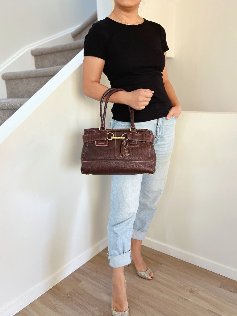 Coach Chocolate Leather Front Buckle Tassel Charm Shoulder Bag Excellent
