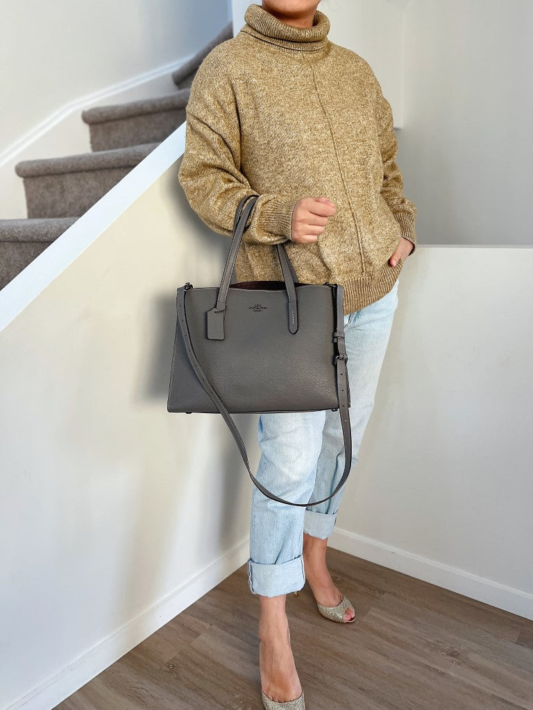 Coach Grey Leather Triple Compartment Large 2 Way Shoulder Bag Like New