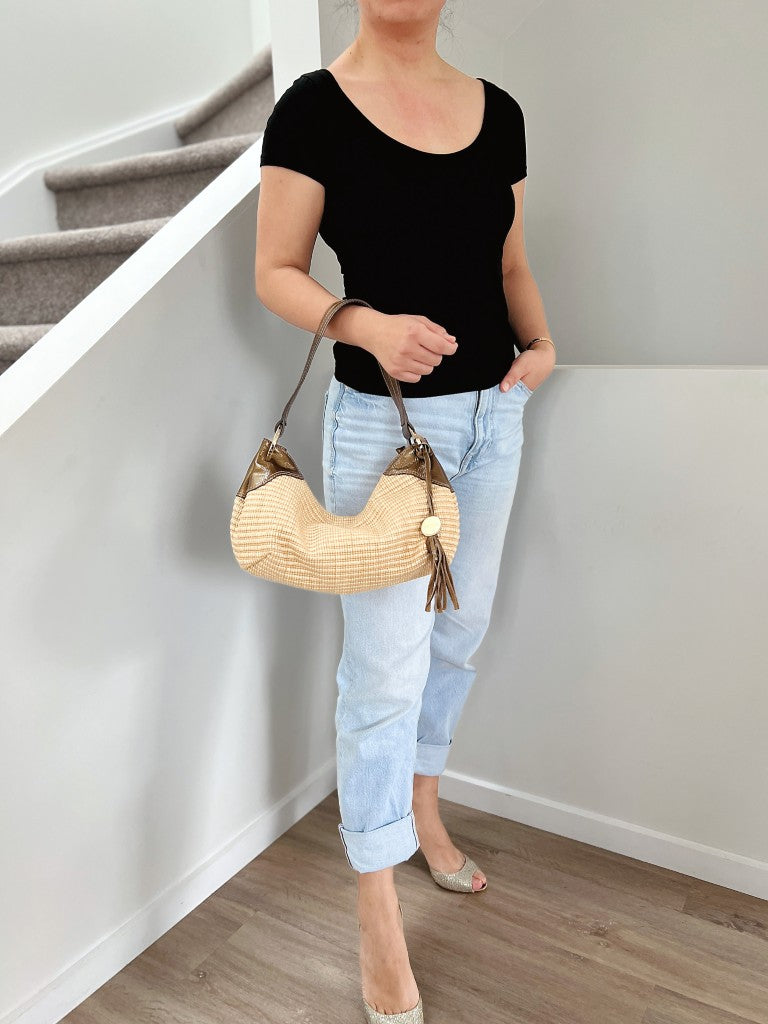 Furla Patent Leather Straw Slouchy Tassel Detail Shoulder Bag Excellent