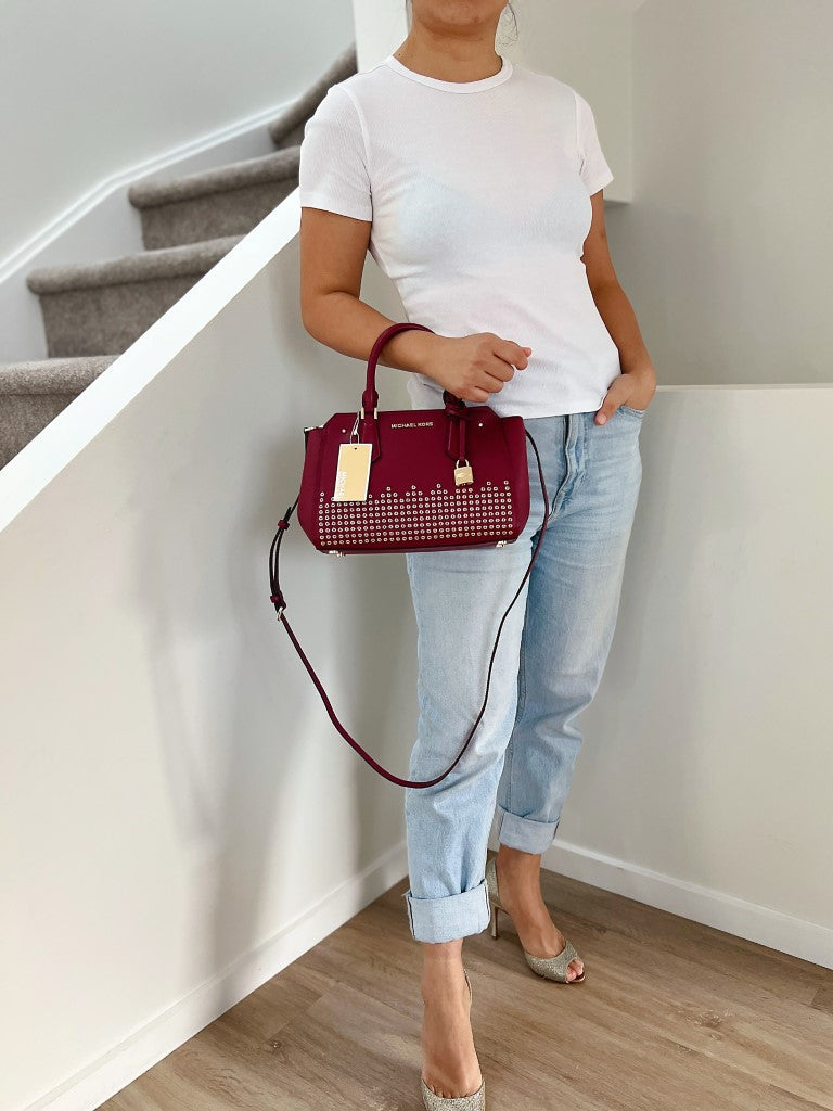 Michael Kors Burgundy Leather Studded Detail 2 Way Shoulder Bag New with Tags