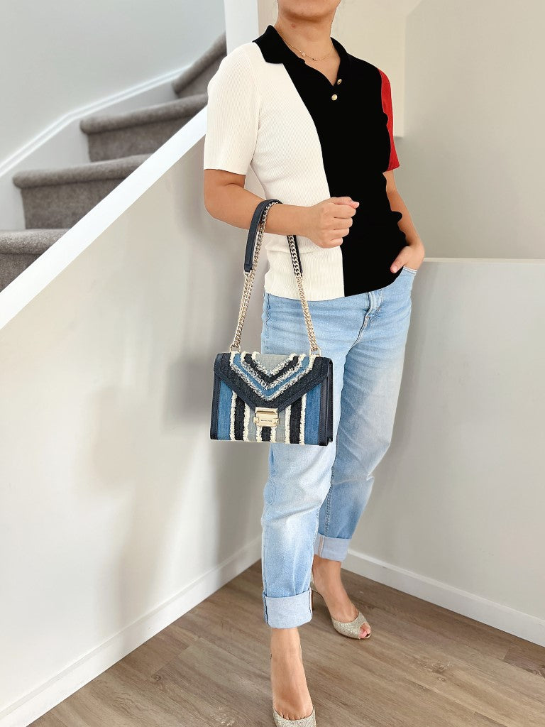 Michael Kors Navy Leather Denim Patchwork 3 Way Shoulder Bag Like New