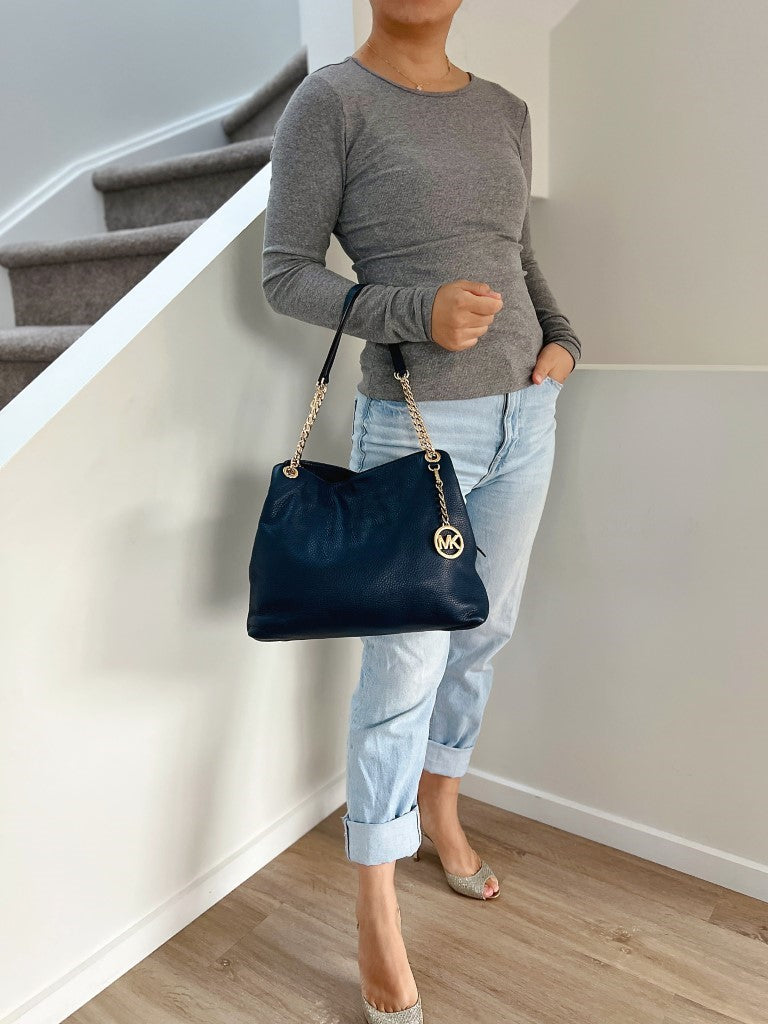 Michael Kors Navy Leather MK Charm Triple Compartment Shoulder Bag Excellent