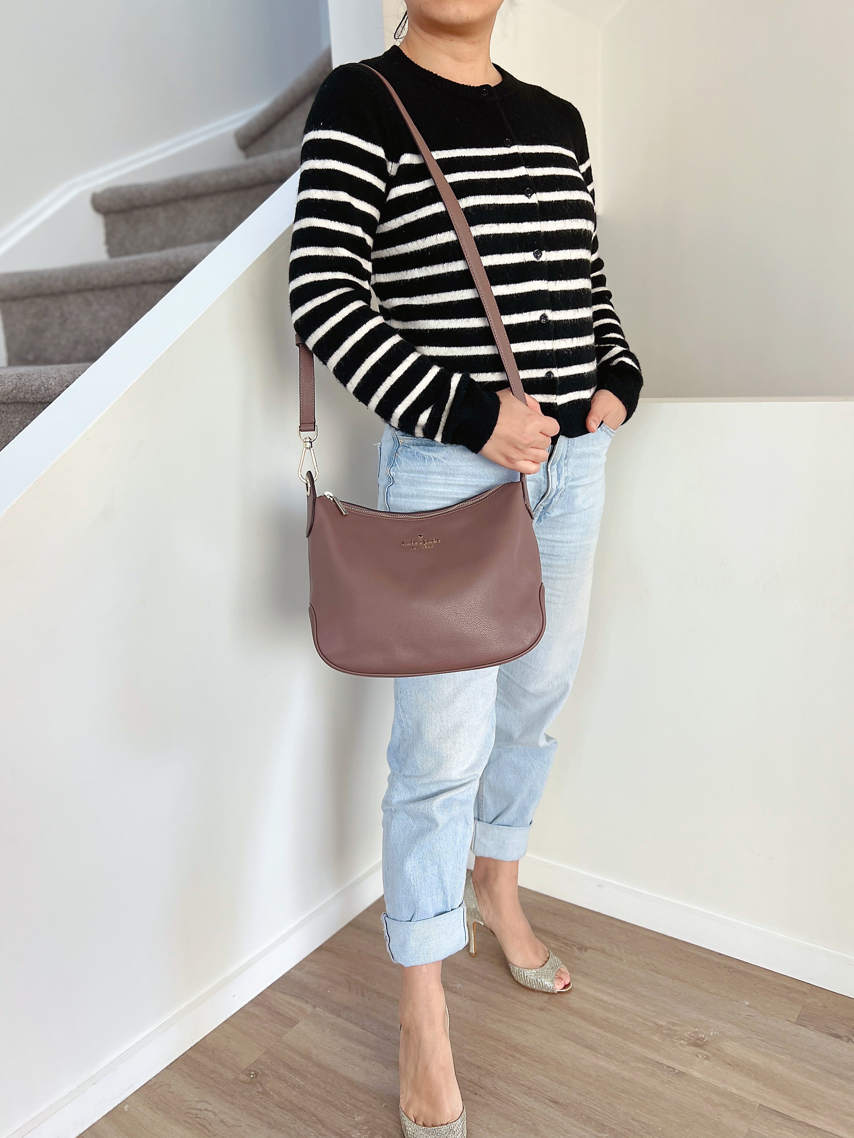 Kate Spade Mocha Leather Double Strap Crossbody Shoulder Bag + Pouch Like New