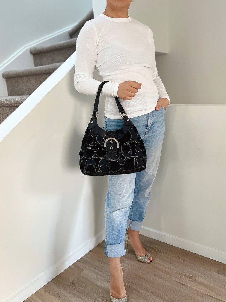 Coach Black Leather Monogram Triple Compartment Shoulder Bag Excellent