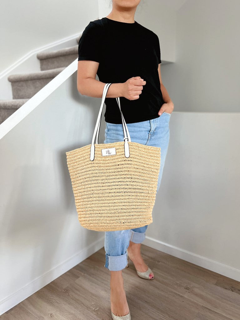 Ralph Lauren White Leather Straw Holiday Large Shoulder Bag + Pouch Like New