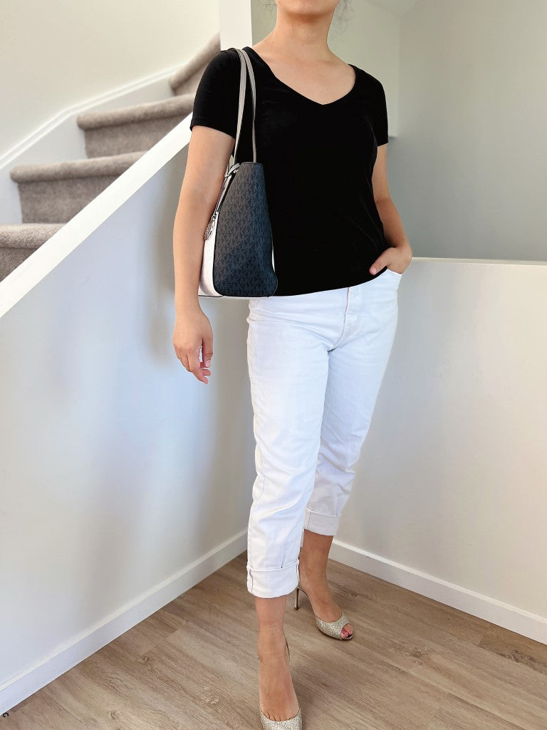 Michael Kors Two Tone Leather MK Monogram Carryall Shoulder Bag Excellent