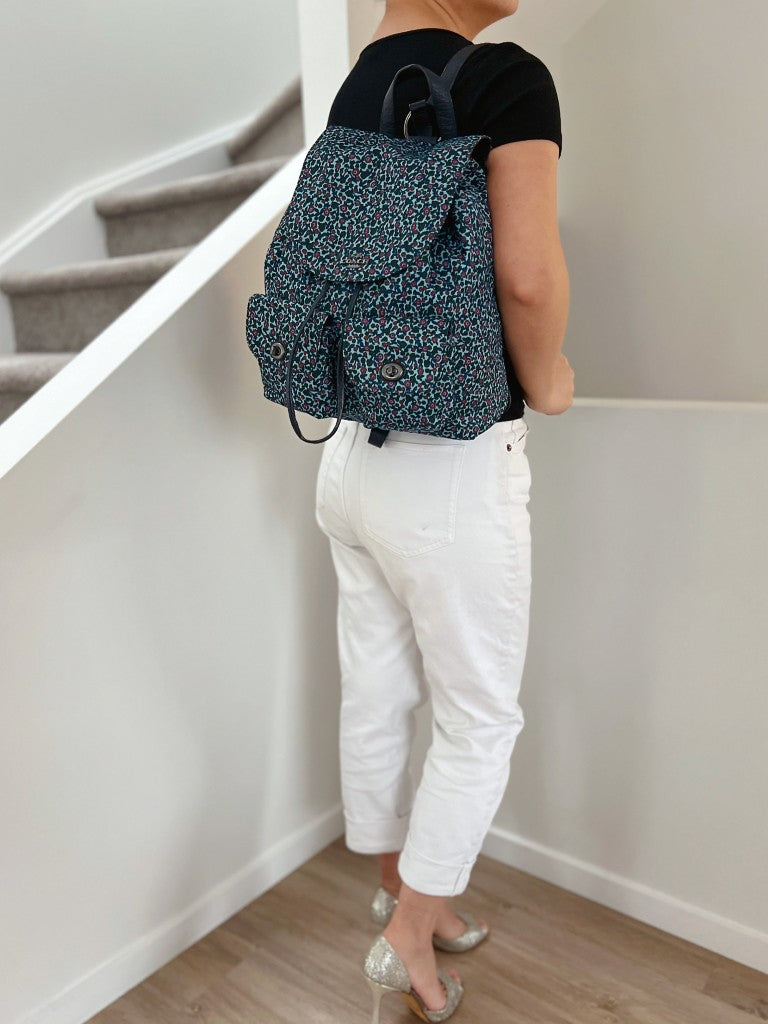 Coach Navy Leather Floral Print Drawstring Backpack Excellent