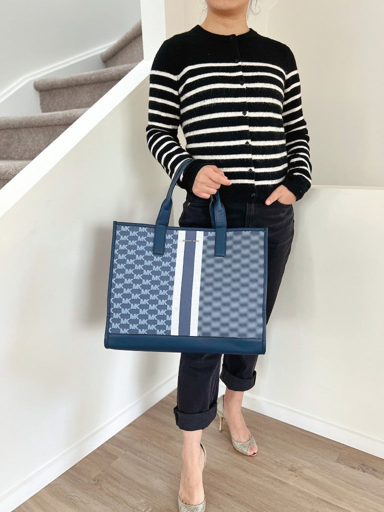 Michael Kors Navy Leather Monogram Oversized Book Tote Shoulder Bag Like New