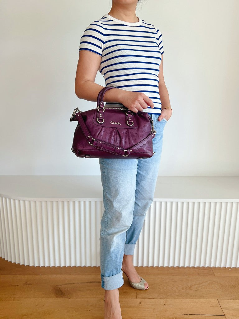 Coach Purple Leather Front Logo Boston 2 Way Shoulder Bag
