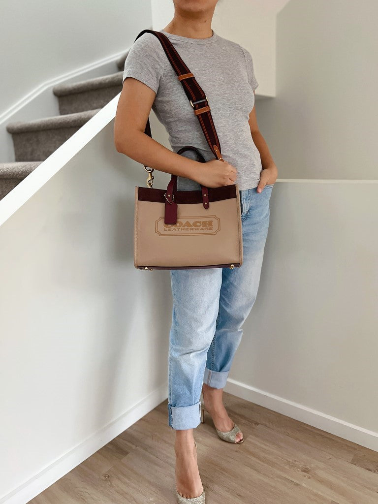 Coach Tri-Tone Leather Suede Patchwork Book Tote 2 Way Shoulder Bag Excellent