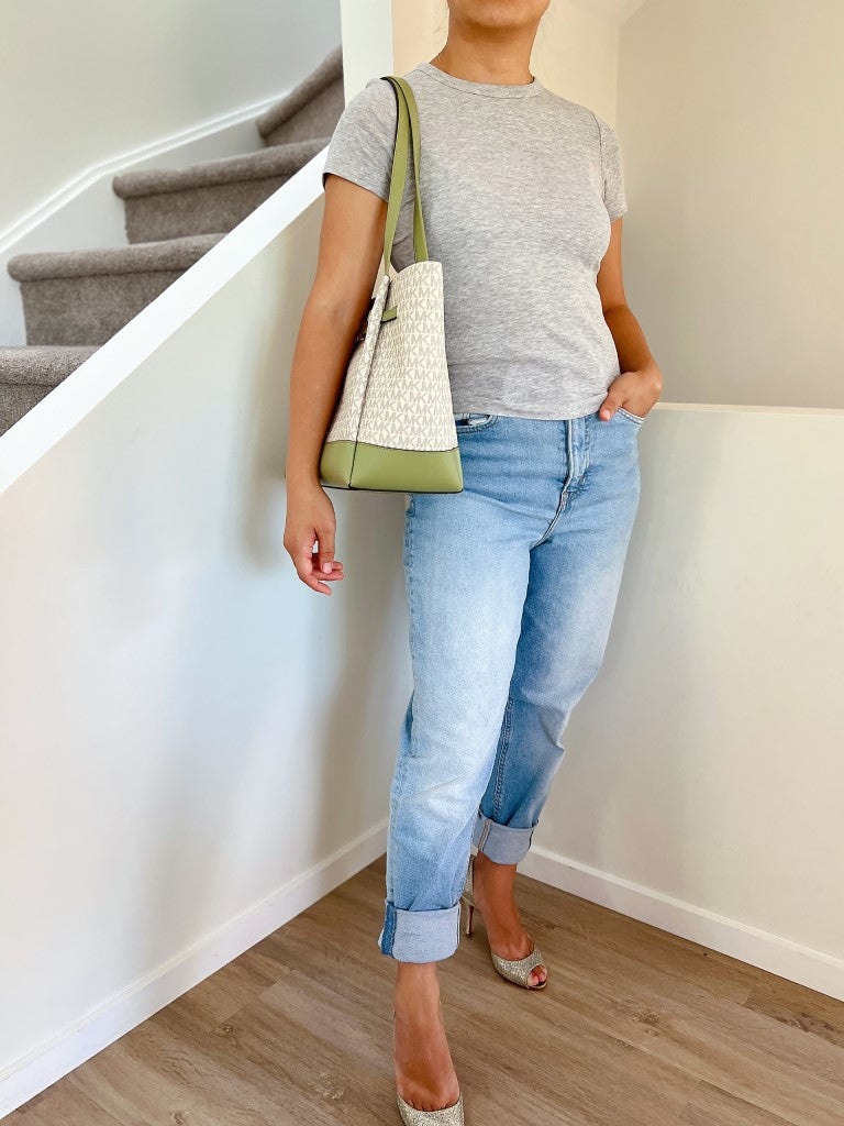 Michael Kors Light Green Leather Monogram Carryall Shoulder Bag Like New