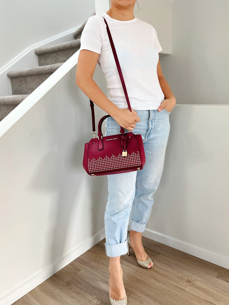 Michael Kors Burgundy Leather Studded Detail 2 Way Shoulder Bag New with Tags