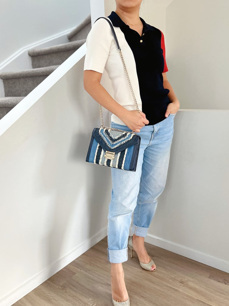 Michael Kors Navy Leather Denim Patchwork 3 Way Shoulder Bag Like New