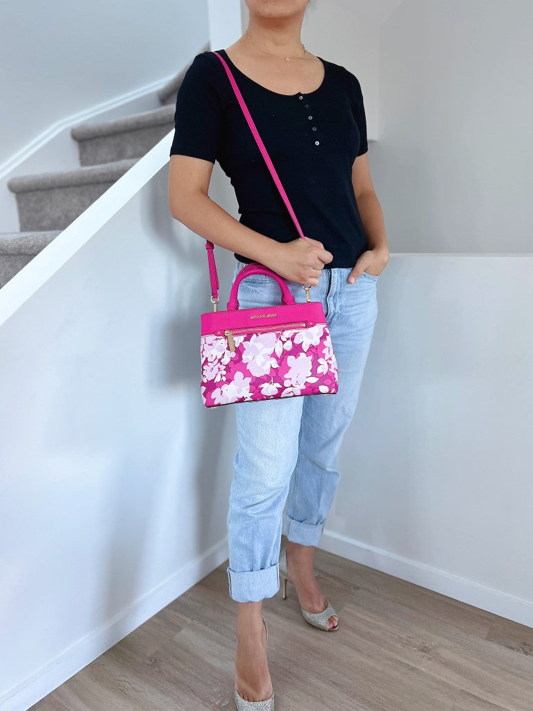 Michael Kors Fuchsia Leather Floral Triple Compartment 2 Way Shoulder Bag Like New