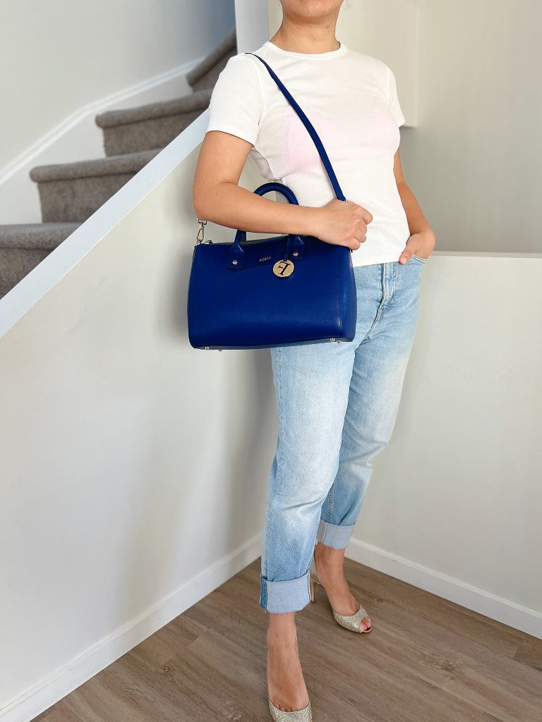 Furla Blue Leather F Charm Boston 2 Way Shoulder Bag Like New