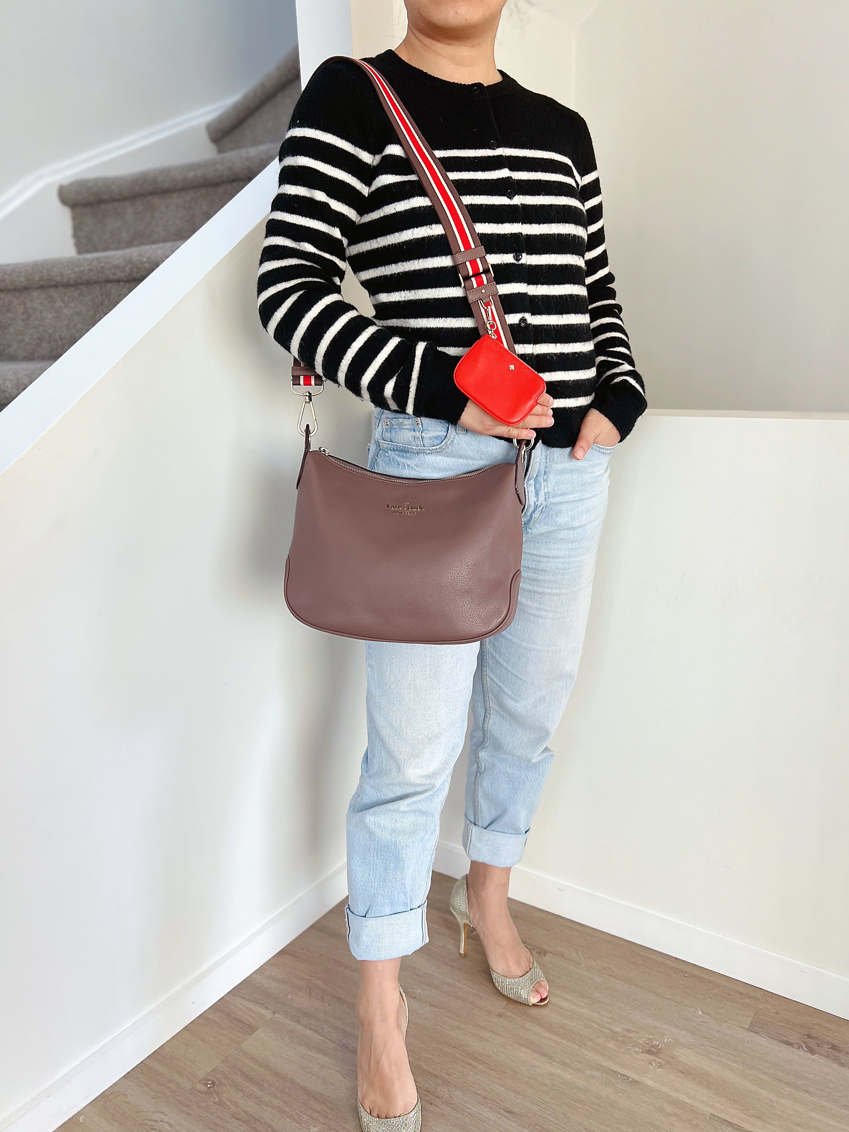 Kate Spade Mocha Leather Double Strap Crossbody Shoulder Bag + Pouch Like New