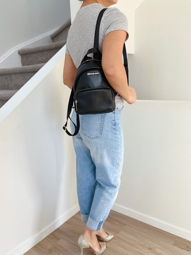 Michael Kors Black Leather Double Compartment Small Backpack Like New